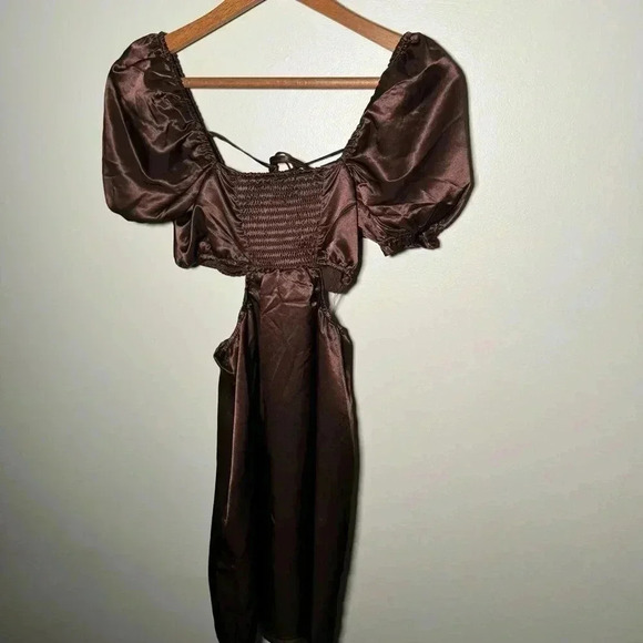 NWT H&M satin puff sleeve mocha brown mini dress S - Picture 6 of 6